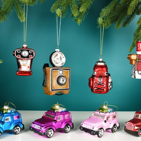 Addobbi Sospesi Albero Di Natale Vetro Glitter Forme Creative Assortite Auto Retro Fotocamera Decorazione Festiva