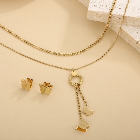 Elegant Butterfly Heart Pendant Multi Layer Stainless Steel Necklace And Stud Earrings For Women Fashion Gold Plated Accessories