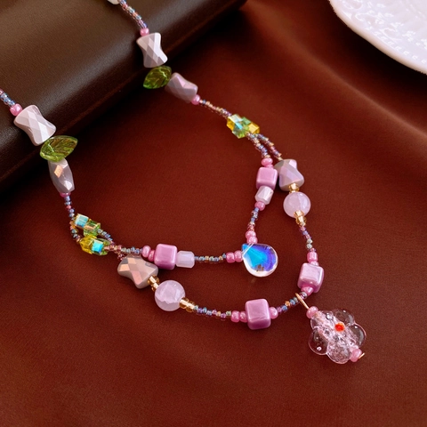 Collana A Doppio Strato Di Perline Fiore Di Vetro Pendente Goccia D'acqua Gioielli Floreali Eleganti Per Donna Fatti A Mano