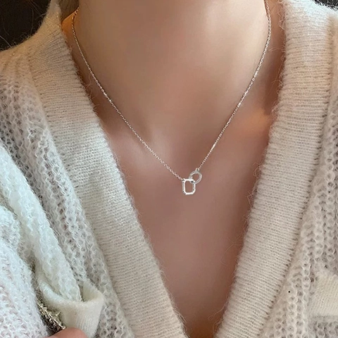925 Sterling Silver Interlocking Double Ring Necklace Micro Set Cubic Zirconia Geometric Clavicle Chain Jewelry For Women