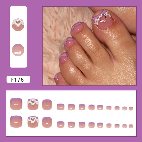 Unghie Finte Piedi French Viola Cuore Rhinestone 3D Fiore Nude Rosa Lucido Decorazione Piedi Manicure DIY