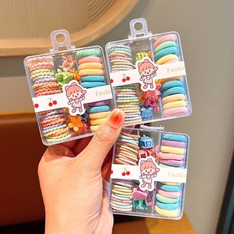 Kids Girls Hair Ties And Mini Hair Claws High Elasticity Macaron Colors Fabric Plastic Clear Storage Case Hair Accessories