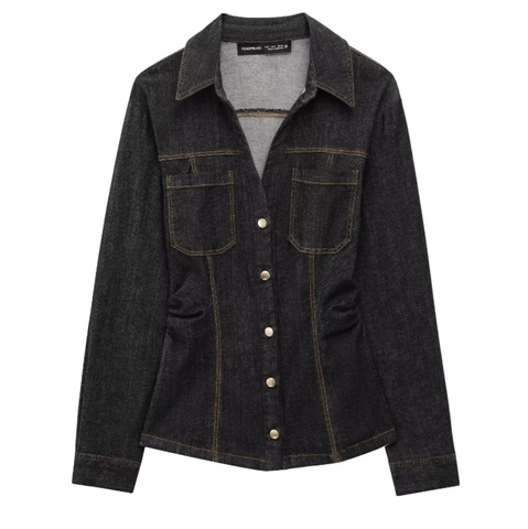 Camicia In Denim A Maniche Lunghe Da Donna E Pantaloni A Vita Alta Vestibilità Aderente Streetwear Casual Indaco Scuro