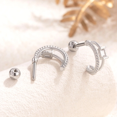 Orecchino Helix Curvo A Doppio Strato Acciaio Al Titanio Rame Zirconia Cristallo Rettangolare Chiusura A Vite C-Shape