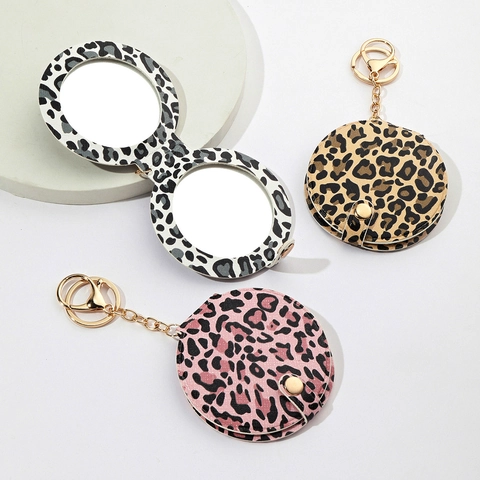 Portachiavi Con Specchio Da Trucco Portatile Leopardato Tondo In Pelle PU Specchio Da Tasca Pieghevole Per Donna Arredo Borsa