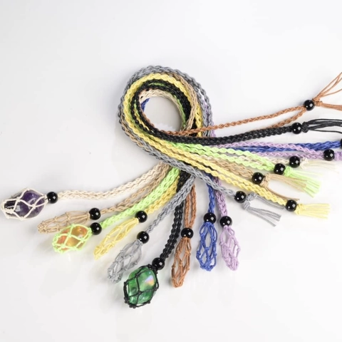 Natural Crystal Stone Holder Necklace Bracelet Hand Woven Adjustable Cord Net Pouch Pendant Bohe Jewelry Unisex