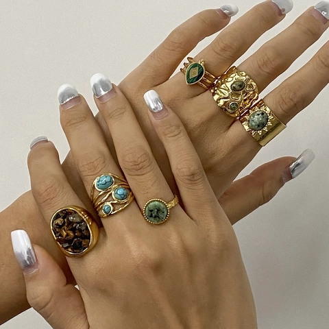 Bohemian Adjustable Rings For Women Stainless Steel Natural Stone Turquoise Malachite Retro Waterproof Jewelry
