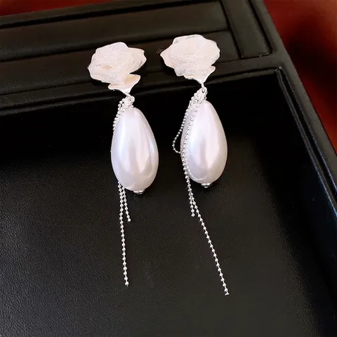 Pendientes De Borla De Flor De Rosa Retro Francesa Con Perla Artificial De Imitación En Gota Y Poste De Plata Estilo Palacio Elegante Para Mujer