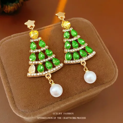 Pendientes De Árbol De Navidad Aleación Estrás Colgante Con Poste De Plata Esterlina 925 Perla Artificial Imitación Estrella Joyería Mujer