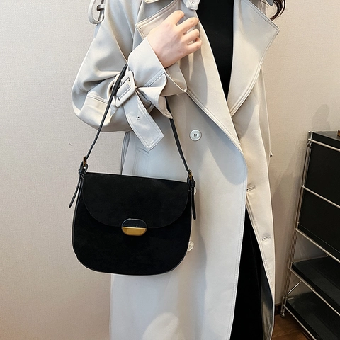 Dames Vintage Mat PU Leren Crossbody Tas Suède Textuur Zadeltas Schoudertas Okseltas Met Metalen Gesp Retro Stijl