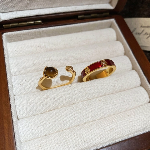 Anillo Ajustable De Cobre Con Piedra Ojo De Tigre Y Esmalte Rojo Bañado En Oro De 18K Joyería Elegante Mujer