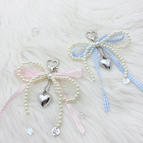 Bow Keychain Imitation Artificial Pearl Alloy Polyester Ribbon Heart Pendant Gingham Ribbon Bag Charm Key Holder Sweet French Style