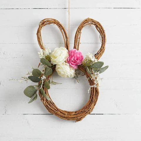 Ostern Hasenkranz Rattan Kaninchenform Künstliche Satin Pfingstrose Blume Eukalyptusblatt Warmweiß LED Licht Türbehang