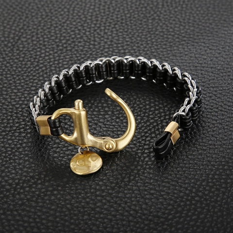 Herren Geflochtenes Lederarmband Mit Edelstahlkette Doppellagig Punk Karabiner Schäkelverschluss Runder Anhänger