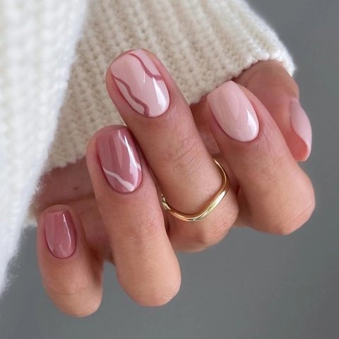 Pink Nude Marble Short Square Press On Nails ABS Artificial Full Cover Fake Nails With Glue For Women Daily Wear