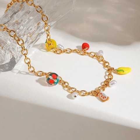 Fruit Artificial Pearl Necklace Stainless Steel Non-Fading Sweet Colorful Enamel Cherry Mango Charms Jewelry For Women