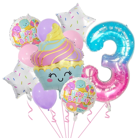 Cartoon Ice Cream Cupcake Number Balloon Set For Kids Birthday Party Starry Jelly Gradient Aluminum Foil Balloon Kit