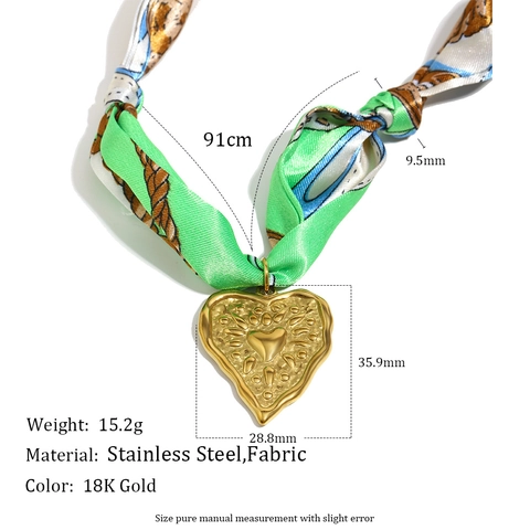 Heart Scarf Necklace Stainless Steel Gold Plated Vintage Green Floral Printed Fabric Pendant Jewelry For Women