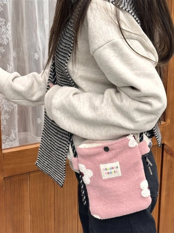 Borsa A Tracolla In Peluche Da Donna Lana Di Agnello Motivo Floreale Cuore Piccola Borsa Per Cellulare Con Tracolla In Corda