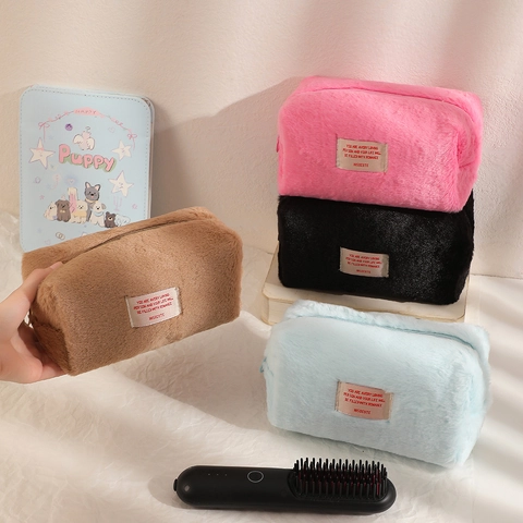 Bolsa de Cosméticos de Peluche Simple para Mujer Neceser Portátil de Gran Capacidad Bolsa de Viaje Color Sólido Estuche de Maquillaje Suave