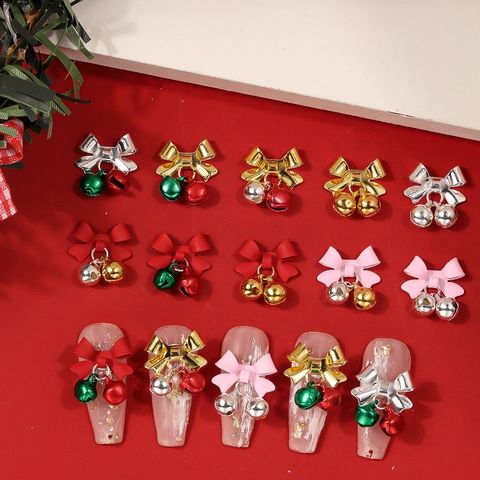 Dijes De Uñas Navidad 3D Aleación Metal Lazo Con Campana Pequeña Colgantes Colores Decoración De Uñas DIY