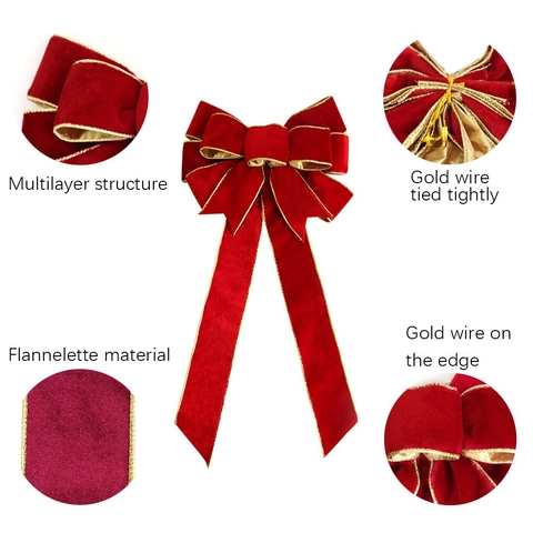 Large Christmas Velvet Bow Decoration Gold Edge Ornament For Christmas Tree Topper Holiday Party Home Hanging Decor