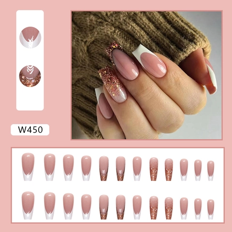 Press On Nails Lange Sargform Ballerina Nude Rosa Farbverlauf Gold Glitzer Französische Spitze Künstliche Falsche Nägel Für Frauen