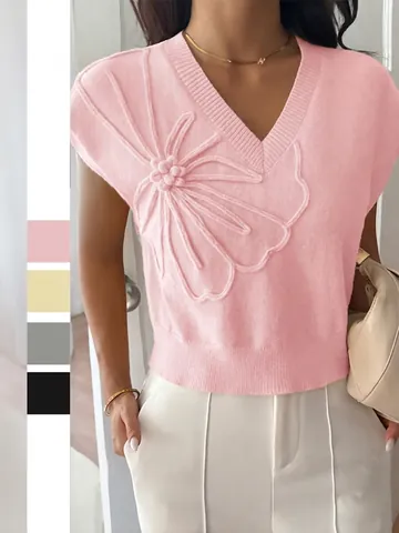 Débardeur En Tricot Pour Femmes Col En V Applique De Fleurs 3D Couleur Unie Décontracté Chic Pull En Acrylique Polyester