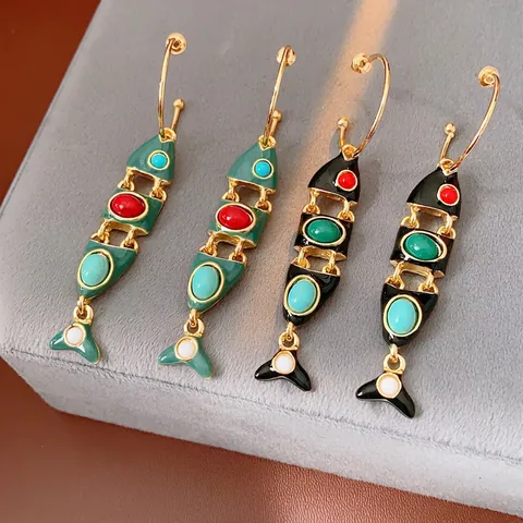 Orecchini A Pesce Articolati Vintage Lega Smalto Retro Gioielli Boho Con Perno In Argento Sterling 925