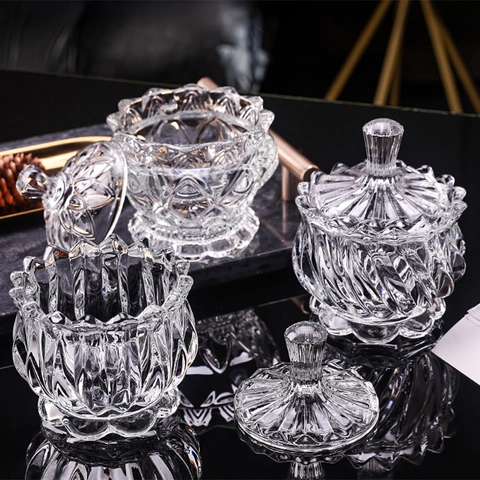 Transparent Embossed Glass Storage Jar With Lid For Candy Jewelry Organizer Decorative Desktop Home Wedding Ornament