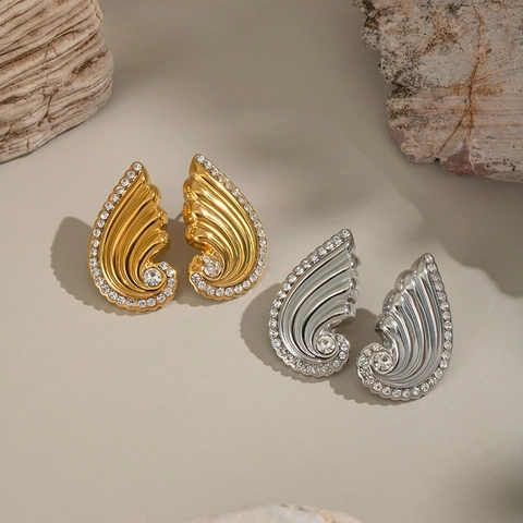 Wing Spiral Stud Earrings Stainless Steel 18K Gold Plated Rhinestone Inlaid Hypoallergenic For Women