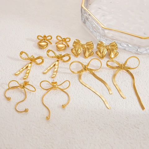 Pendientes de Botón de Corazón con Lazo de Mariposa de Acero Inoxidable Chapado en Oro Plata Joyas de Moda Mujer