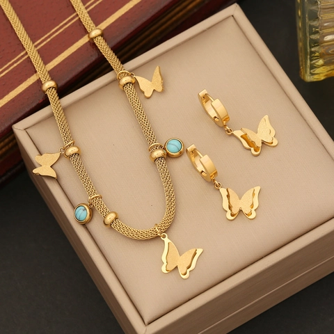Set Di Gioielli Farfalla In Acciaio Inossidabile Catena Maglia Collana Orecchini Bracciale Turchese Placcato Oro