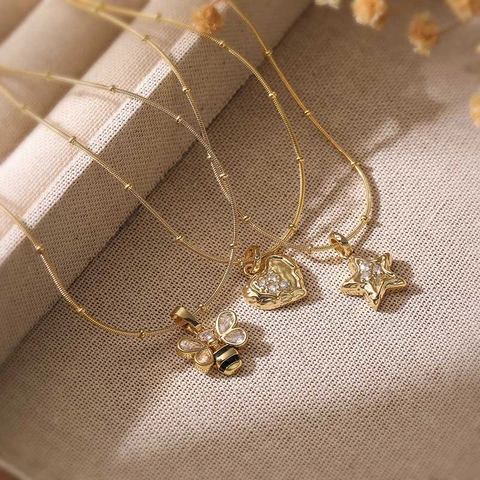 Copper Zircon Heart Star Bee Pendant Necklace Station Bead Snake Chain Ins Style Chic Versatile Jewelry Women