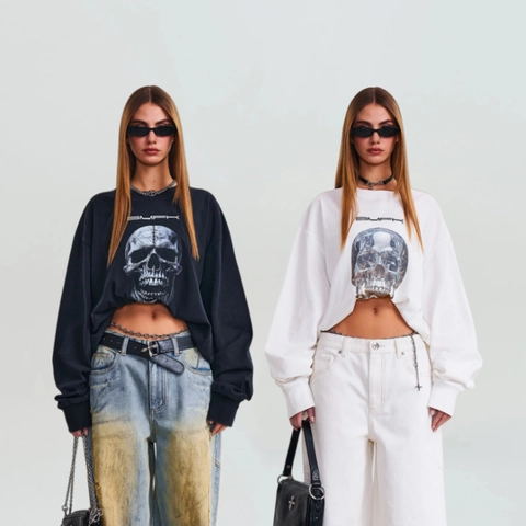 Felpa Oversize In Cotone Da Donna Stampa Teschio Manica Lunga Girocollo Streetwear Unisex Pullover Casual Top