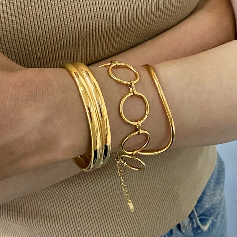 Stainless Steel Gold Bracelet Bangle Minimalist Geometric Open Cuff Round Link Chain Fashion Jewelry For Women