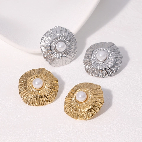 Orecchini A Perno In Acciaio Inossidabile Tondi Martellati Irregolari Con Imitazione Perla Artificial Gioielli Vintage Minimalisti Placcati Oro Donna