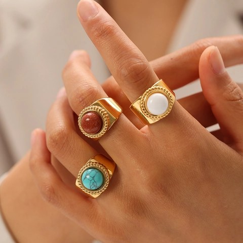 Bague Rétro En Acier Inoxydable Plqué Or 18K Avec Turquoise Goldstone Anneau Ouvert Ajustable Bijoux Pour Femme