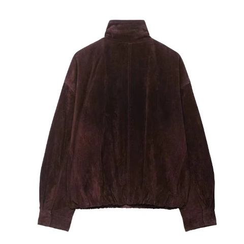 Suede Jas Dames Vintage Rits Staande Kraag Lange Mouwen Losse Pasvorm Casual Streetwear Bovenkleding Met Zakken