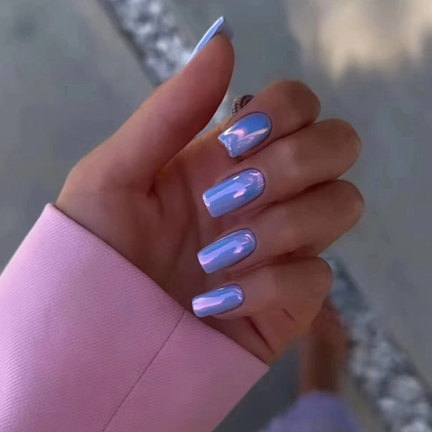 Unghie Press-On Quadrate Metalliche Aurora Viola Blu Manicure Artificiale Lucida Copertura Completa