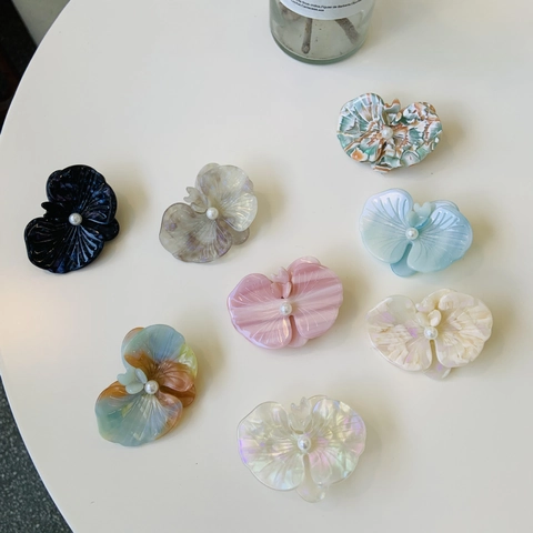 Pinza Para El Pelo Flor De Orquídea De Acetato Con Perla Artificial De Imitación Elegante Clip Lateral De Pico De Pato Tocado Hecho A Mano