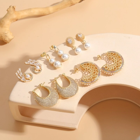 Geometric Earrings 14K Gold Plated Copper Cubic Zirconia Artificial Pearl Luxury Vintage Style For Women