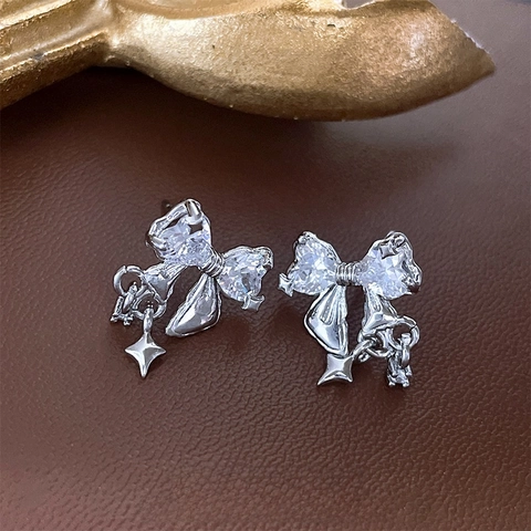 Funkelnde Schleifen Ohrringe Mit 925 Sterling Silber Ohrstecker Kupfer Zirkon Stern Anhänger Zierlicher Schmuck Damen