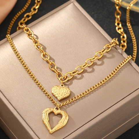 Stainless Steel Angel Wings Heart Double Layer Necklace For Women Gold Silver Textured Heart Pendant Sweater Chain Jewelry
