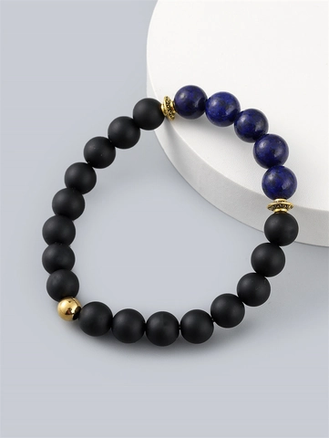 Men Beaded Bracelet Matte Black Stone Lapis Lazuli Gold Alloy Spacers Elastic Minimalist Jewelry Gift For Men