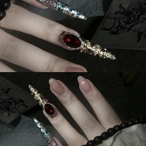 Handgefertigte Künstliche Fingernägel Luxus Strass Legierung Künstliche Perle Retro Palast Stil Vintage Lange Mandel Wiederverwendbar Frauen