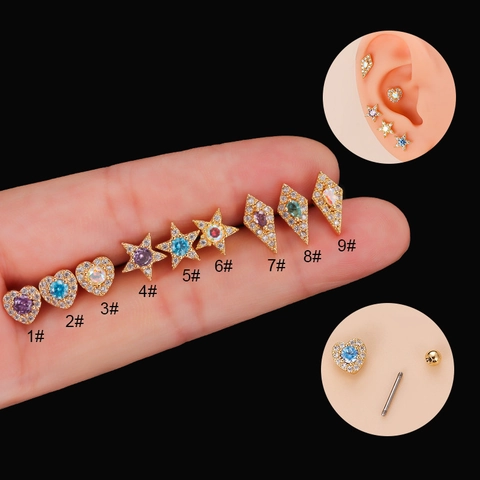 Roestvrij Staal Zirkoon Hart Ster Ruit Oorkraakbeen Stud Schroefsluiting Piercing Sieraden Mode Vrouwen