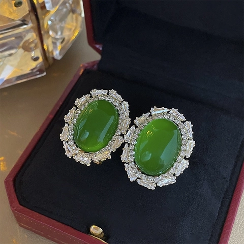 Vintage Ovale Grüne Acryl Zirkonia Strass Ohrstecker Mit 925 Sterling Silber Ohrstecker Palast Elegant Für Damen