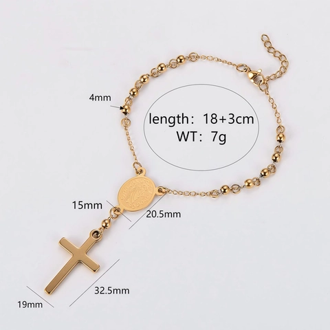 Rozenkrans Armband 304 Roestvrij Staal 18K Verguld Kruis Hanger Medaille Religieuze Sieraden Veelzijdige Mode