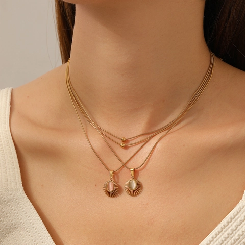 Double Layer Sun Pendant Clavicle Necklace Stainless Steel With Cat Eye Stone Snake Chain Gold Plated Elegant For Women